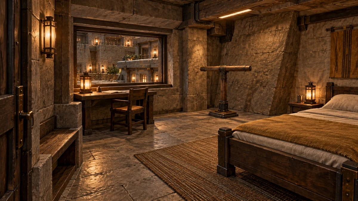 A bed to the right, a desk beside the interior window and a tall perch make a quiet room between the stone supports.