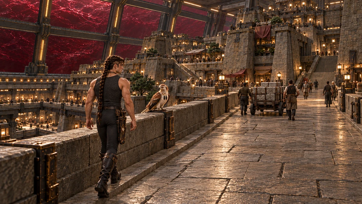 Saevren crosses the load bridges among the settlement’s immense supports and everyday traffic.