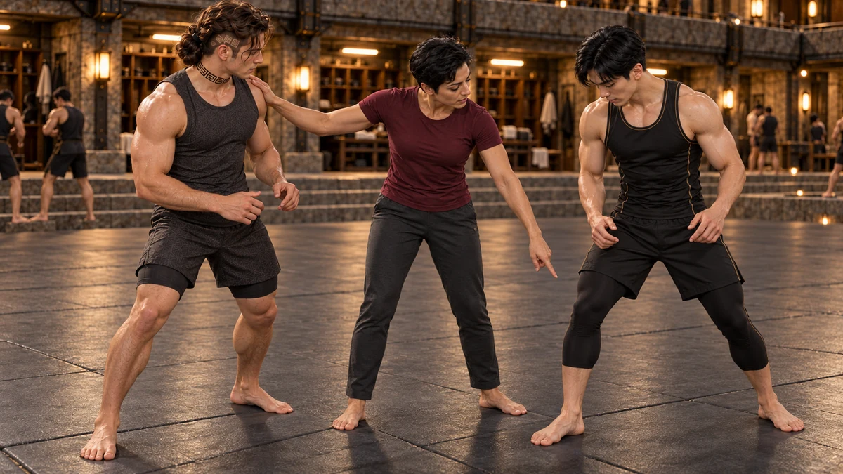 Tersha gives each of them a different correction. Attention moves from the shoulder to the placement of a foot.