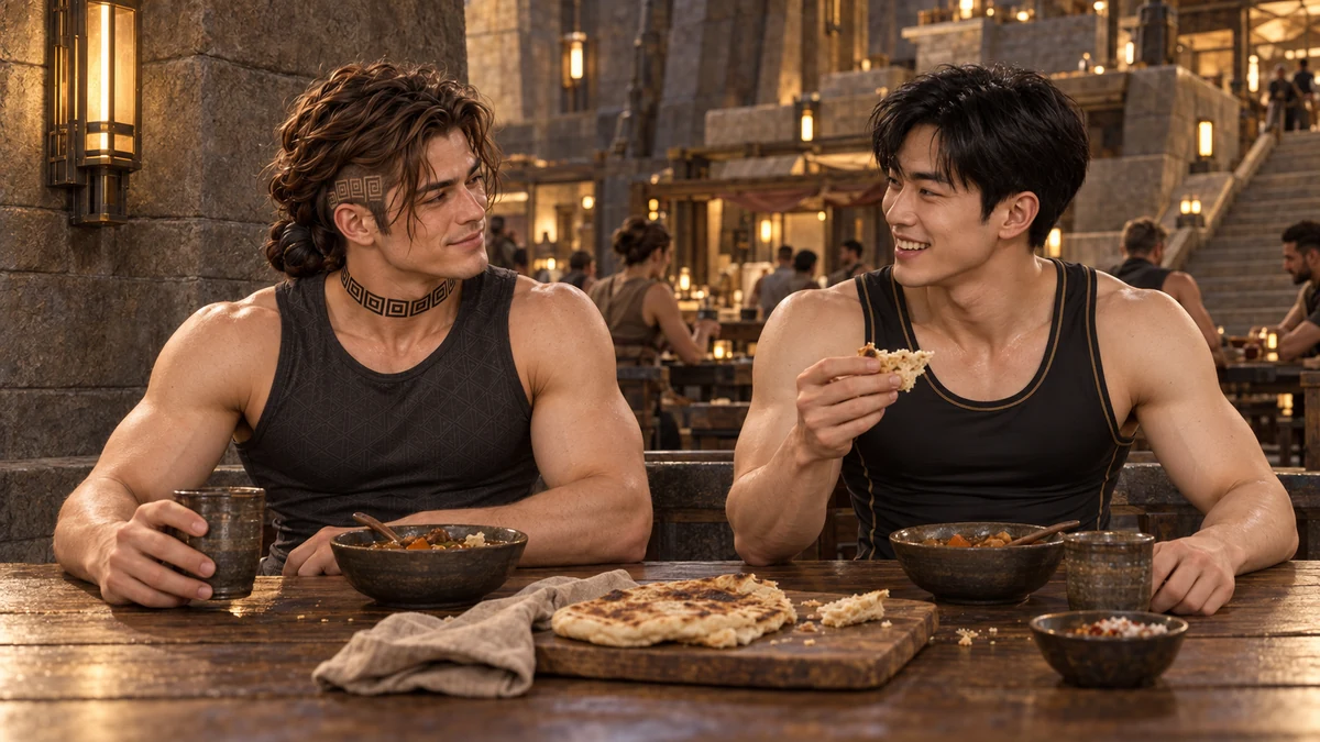 Bread and a pause between sessions give Saevren and Han time to laugh at their shared persistence.