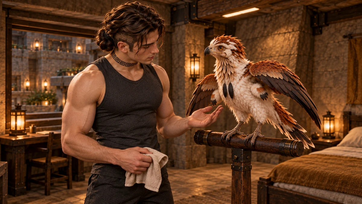 During quiet care, a second pair of wings begins to show beneath Thoden’s coverts. The change belongs to him alone.