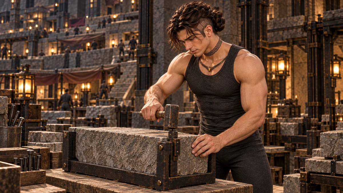 With the stone supported, Saevren steadies the piece and seats its fitting with a short mallet.