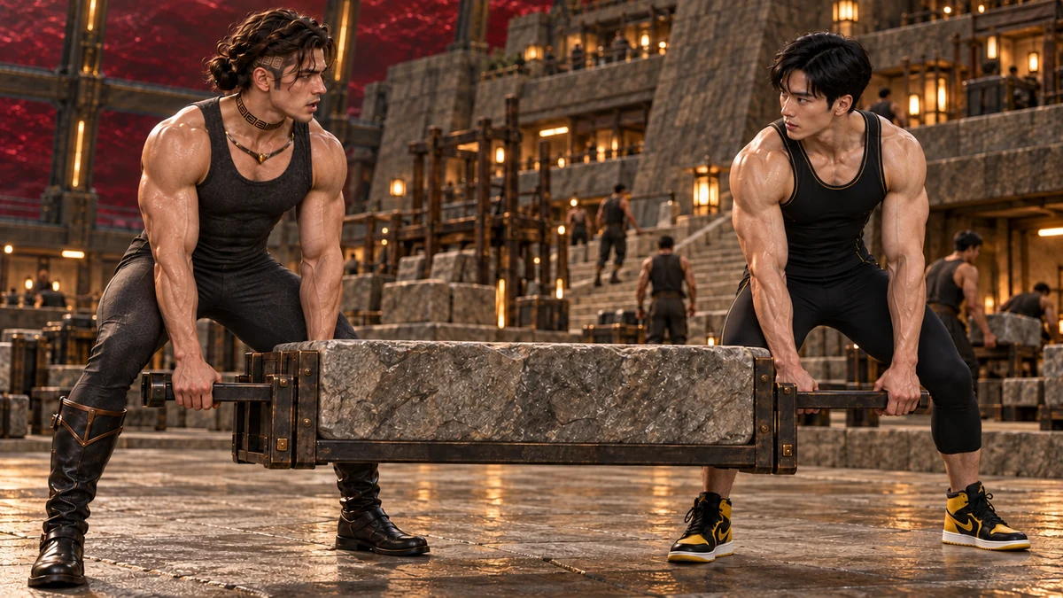 Saevren and Han share a heavy load. Tensed muscles and measured steps keep the weight level between them.