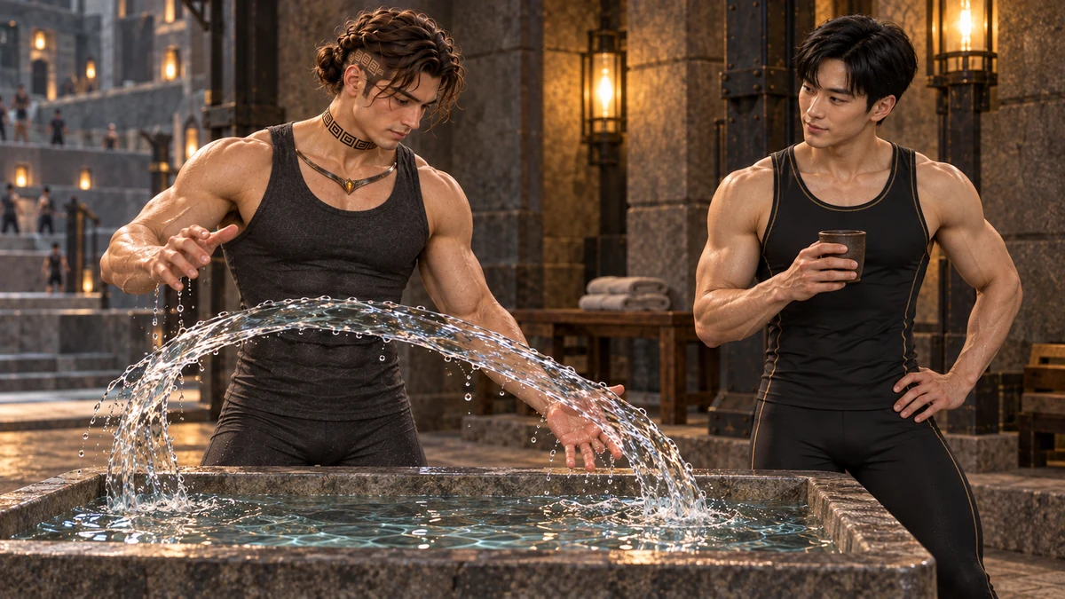 After the effort, Saevren guides a small arc of water across the basin. Han watches with a cup in hand.