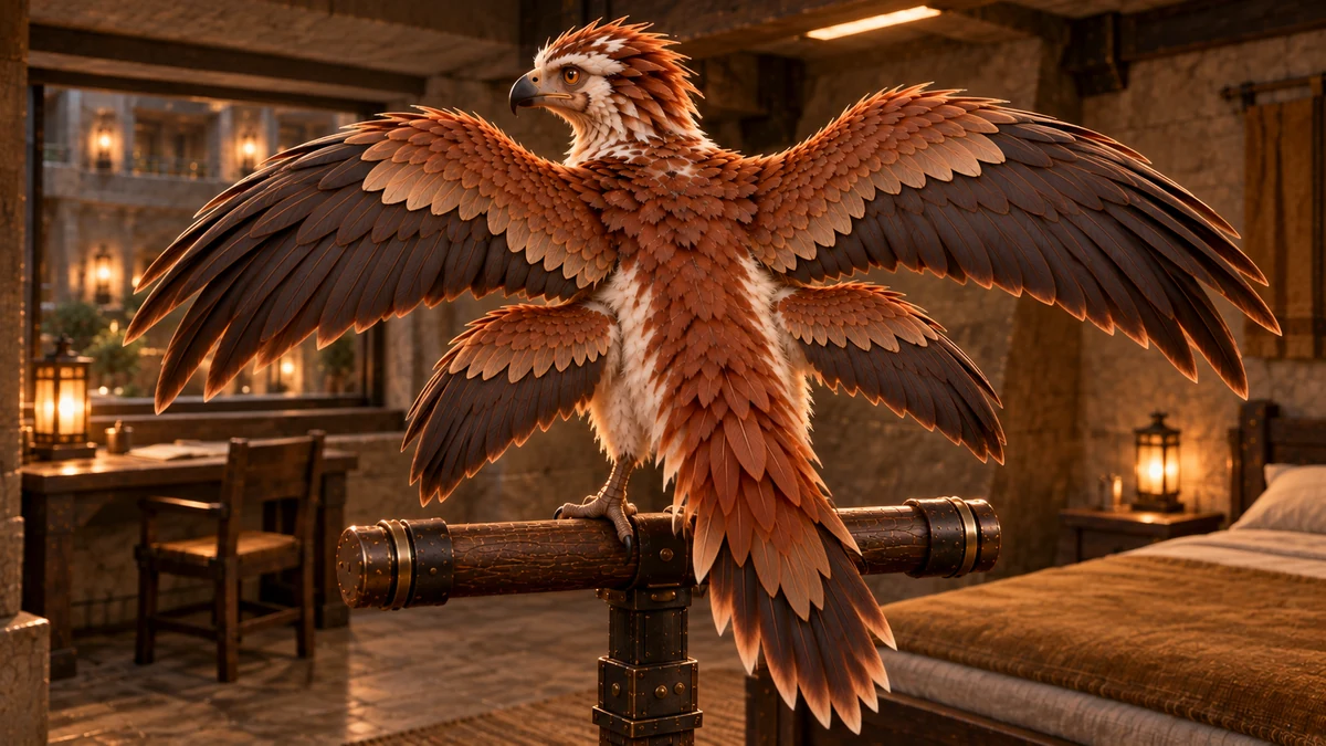 Thoden stretches on his perch. Two main wings and a smaller second pair open separately across his back.