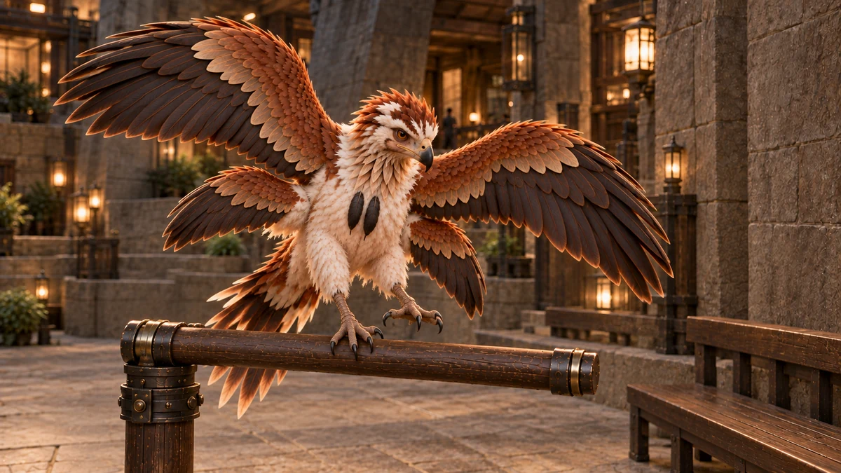 After a short flight, Thoden chooses the courtyard perch and settles his feet onto the bar.