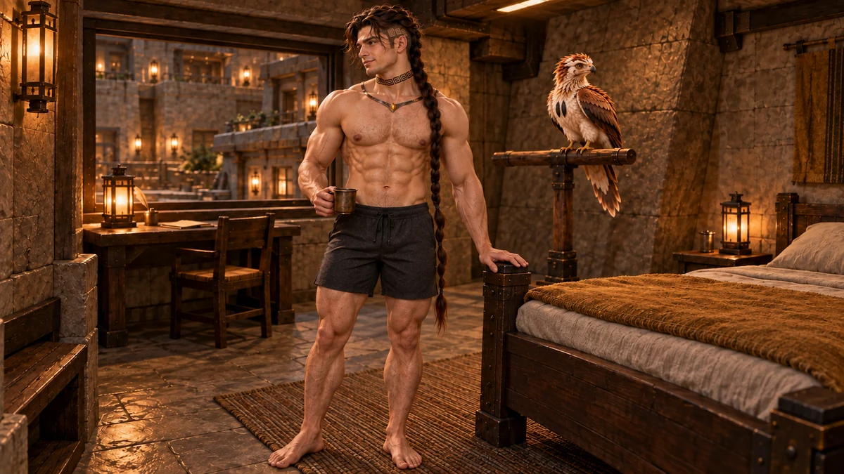 Back in his room, Saevren pauses beside the bed with a cup. The changes of the training are visible in the strength he now carries at rest.
