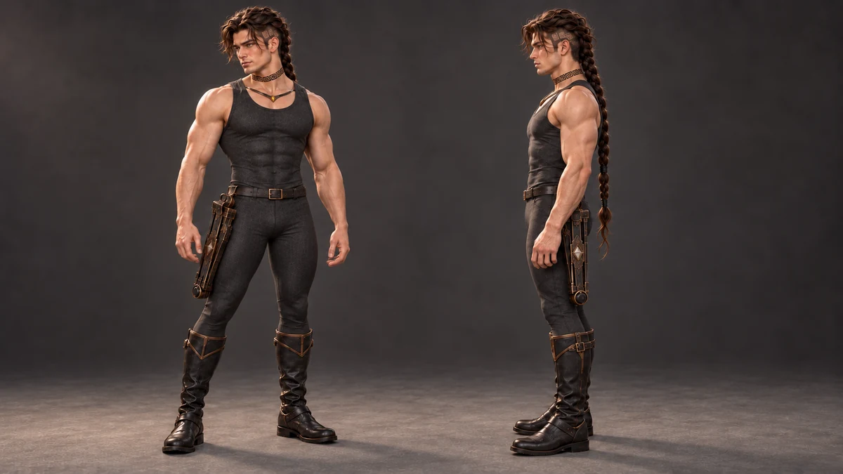 Saevren’s arrival and loadwork clothing pairs a fitted tank top and long compression trousers with sturdy boots.