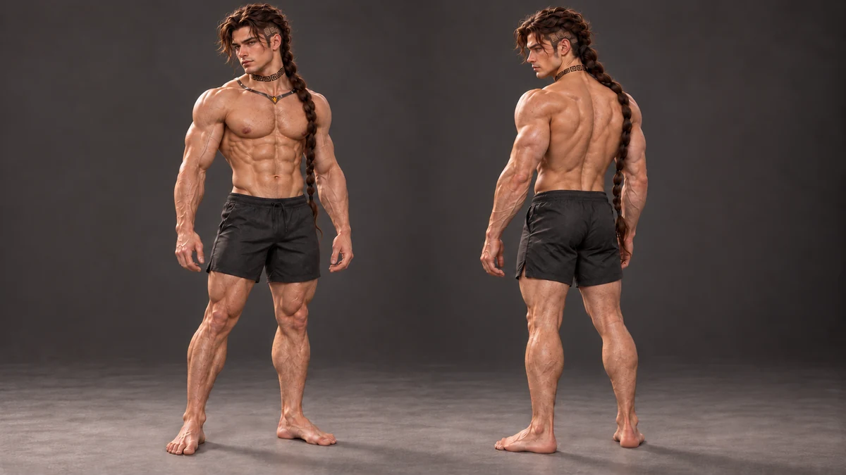 A closing study of Saevren’s developed strength: greater muscle definition and natural vascularity, with the same youthful face.