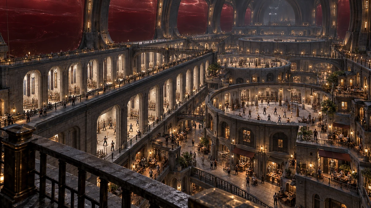 Long halls and broad turning courts connected by inhabited galleries beneath protected red bromine