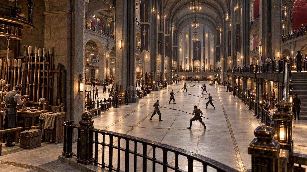 The Spear Courts give long weapons a clear direction and a considered return. Practice lanes sit beside protected circulation, with storage and observation kept outside the space needed by moving shafts.
