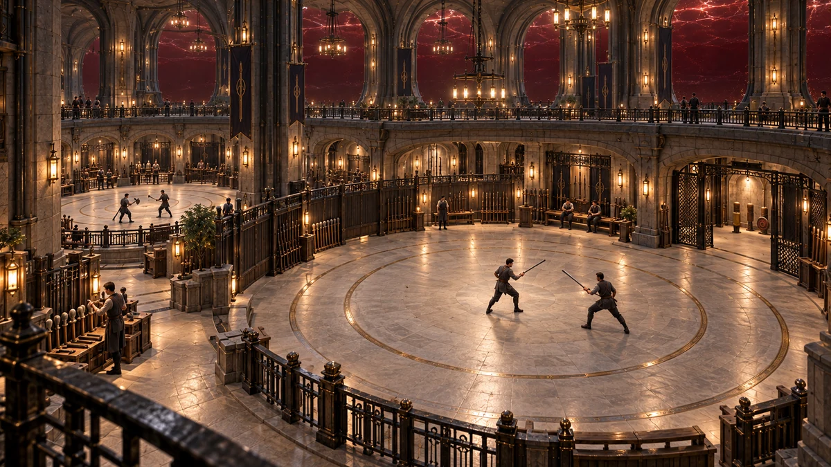 The Turning Blades organise practice around changes of angle. Broad circles, screened edges and separate working areas make room for blades, short weapons and controlled projection without confusing their paths with public circulation.