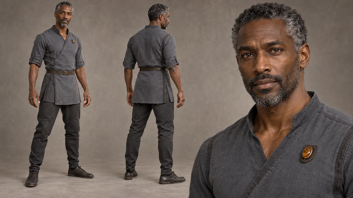 Drevak teaches in the Spear Courts. His quiet attention falls on footing, shared distance and the movement that brings a weapon back. A slate tunic, narrow belt and low shoes suit the long hours spent beside the practice lanes.
