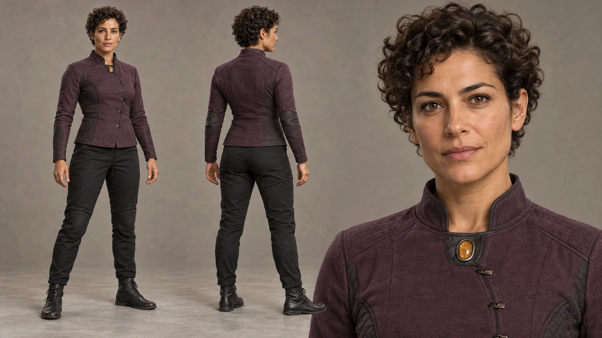 Veysha teaches in the Turning Blades, watching both the line of a blade and the balance beneath it. Her short mineral-plum jacket, charcoal reinforcements and close-fitting trousers allow her to move readily between the marked practice spaces.