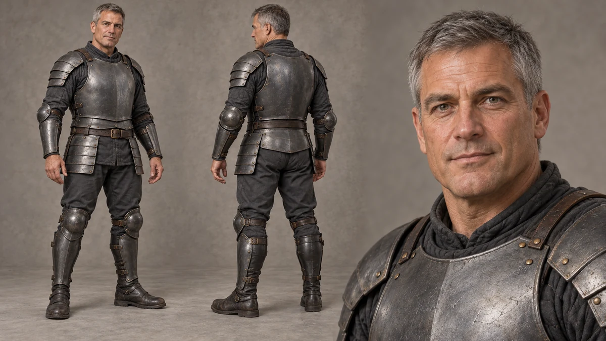 Orren guides practice in the Armoured Rings. Worn iron plates and dark padding belong to his own working appearance. He gives attention to the body inside borrowed armour: how it sees, finds its support and returns from effort.