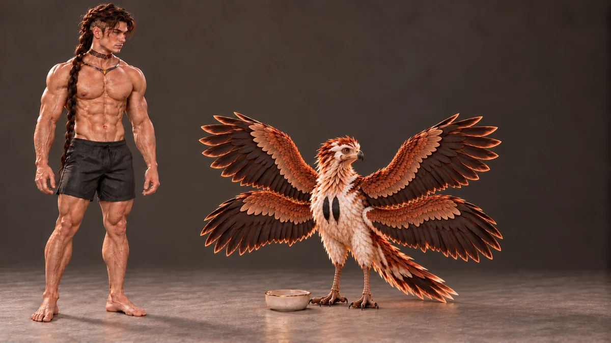 Thoden’s larger juvenile stage is shown beside Saevren and the familiar bowl. His head reaches towards the lower middle of Saevren’s abdomen when both stand on the floor, while four developed wings give him a much broader presence.
