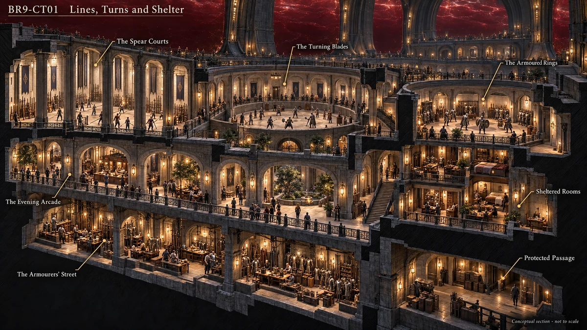 An architectural study of the relationship between straight practice lanes, turning spaces and shelter. Workshops and service areas support the courts, while protected passages connect them with the rooms where everyday life continues.