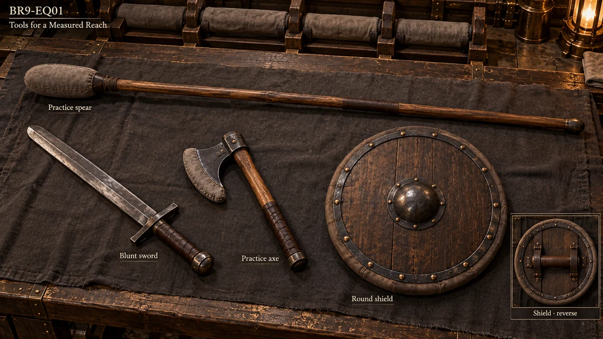 A padded spear, a blunt sword, a short practice axe and a round shield belong to the shared equipment of the courts. Their working surfaces, grips and fastenings are made to support repeated, measured practice.