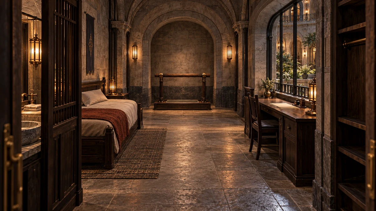 The Quiet Turn offers a bed to the left, a desk beside the protected garden window to the right, and a place for Thoden at the back. This study shows the room before his growing wings call for a wider perch.