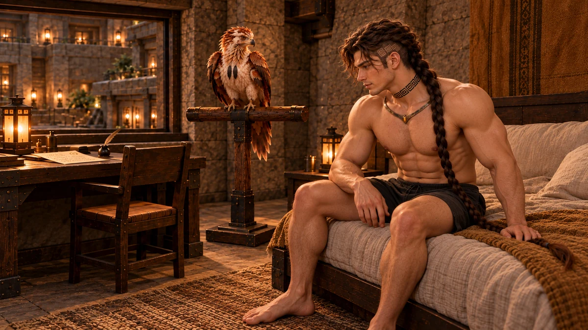 Saevren sits on the bed and looks towards an open letter while Thoden rests on the perch.