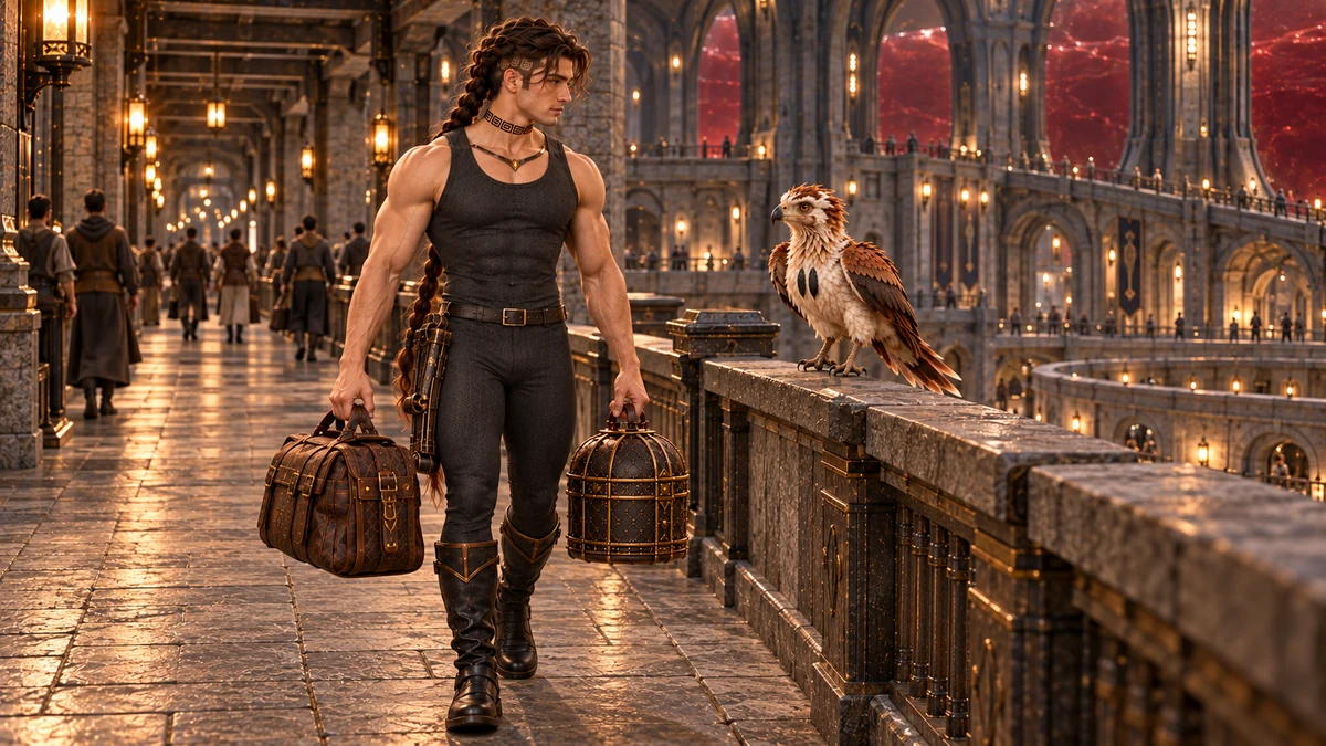 Saevren carries his original bag and domed case along a sheltered gallery as Thoden follows on the parapet.