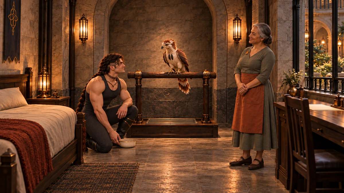 Saevren kneels to place Thoden’s bowl beneath the new perch as Tavelle watches.