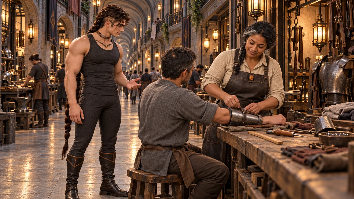 Nesra adjusts a resident’s forearm protection while Saevren observes in the workshop street.