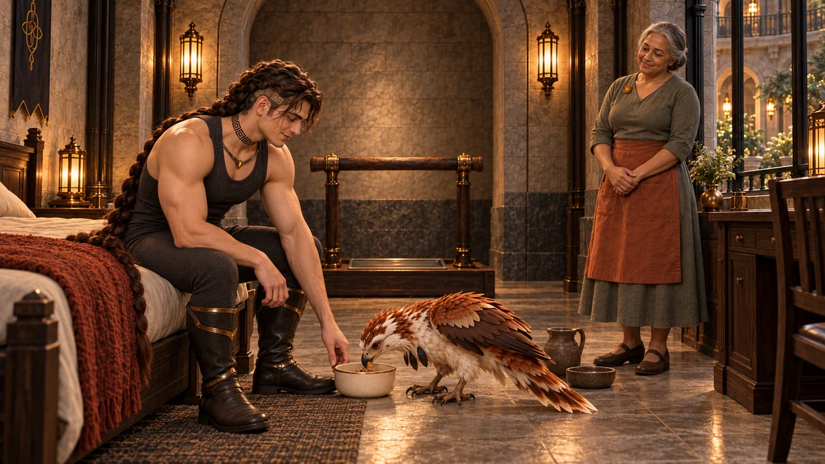 Saevren serves Thoden’s meal beside the bed while Tavelle keeps them company.
