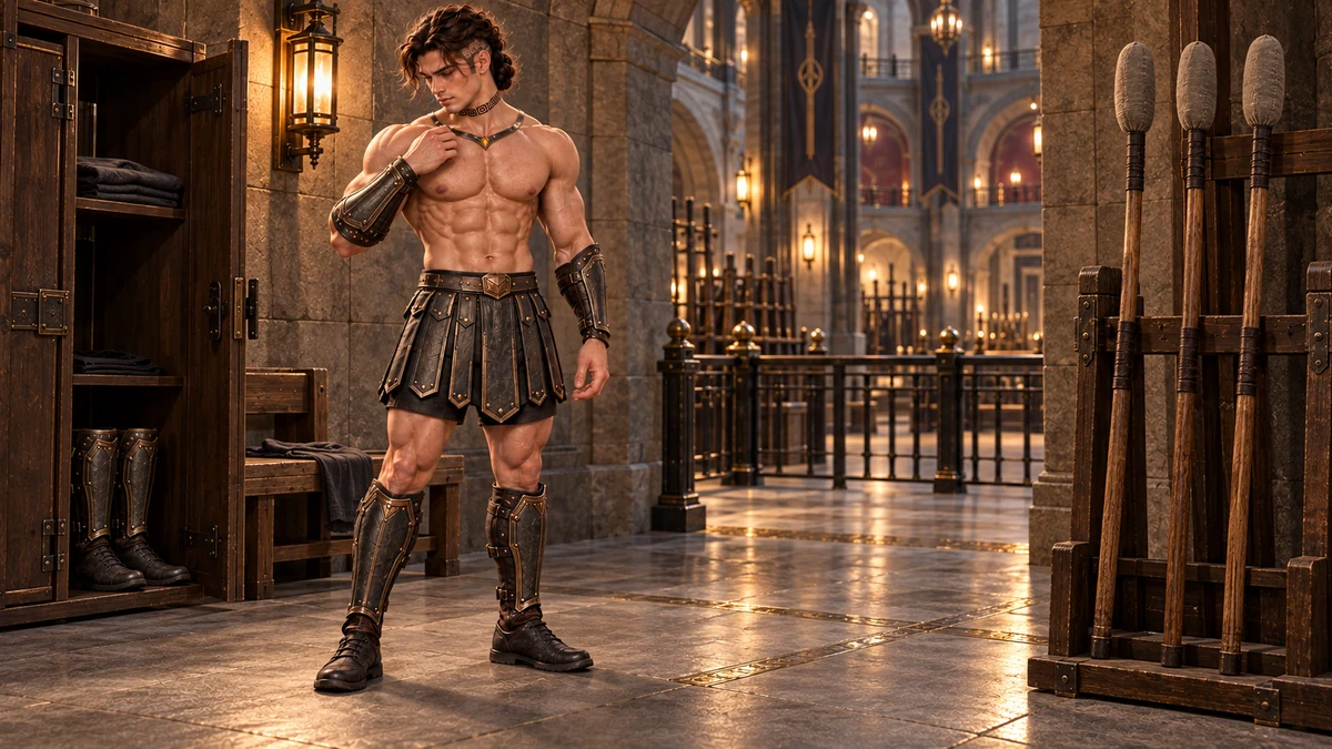 Saevren checks the front of his Clavicle Ward while dressed for spear practice.