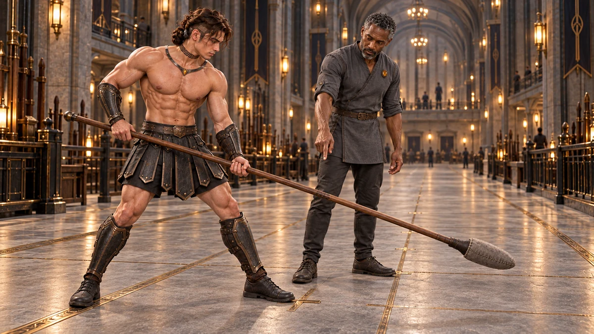 Drevak indicates a floor mark as Saevren tests his stance with a padded spear.