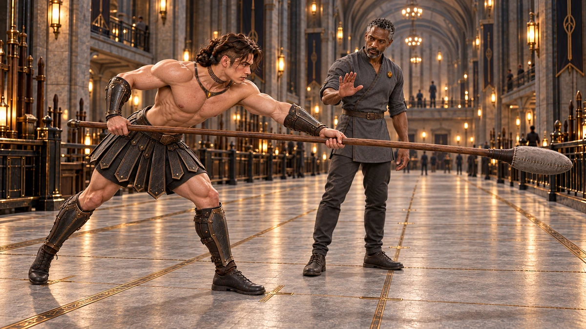 Saevren overreaches with the practice spear while Drevak raises a hand to stop the attempt.