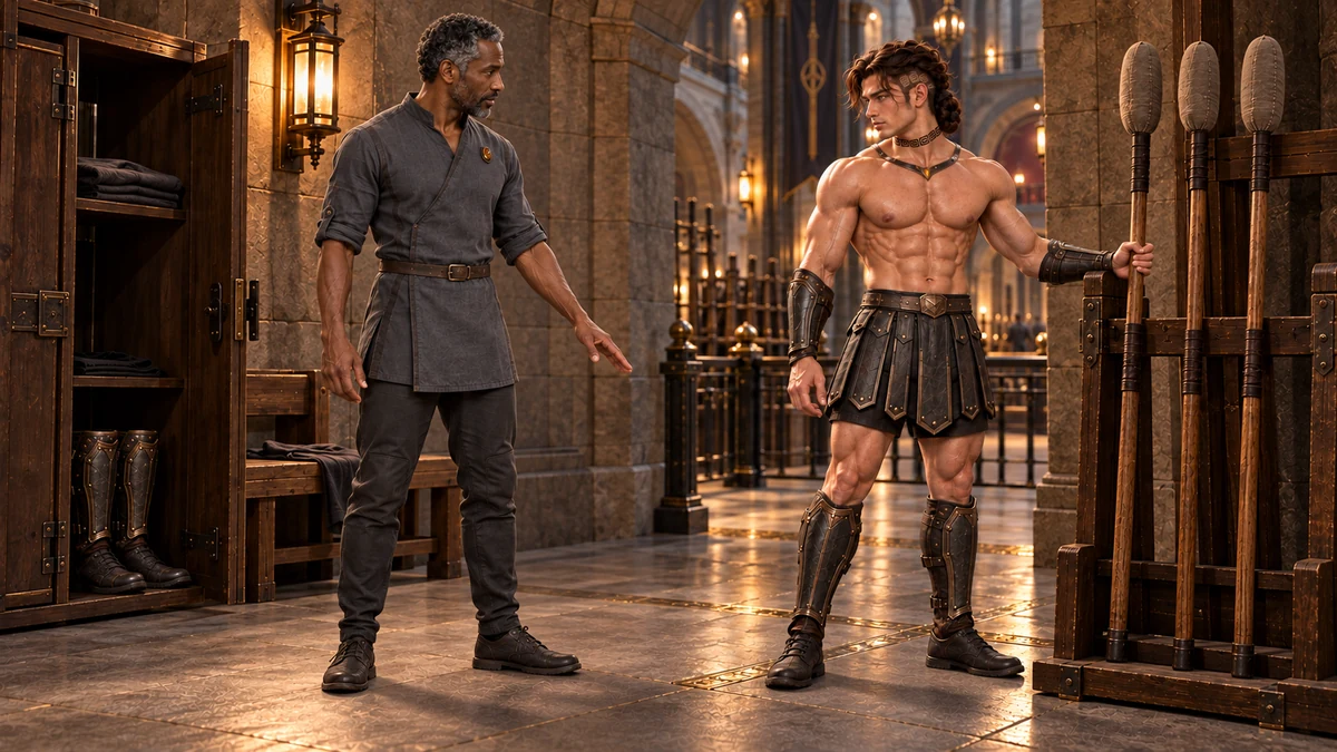 Saevren returns his practice spear to its rack while listening to Drevak.