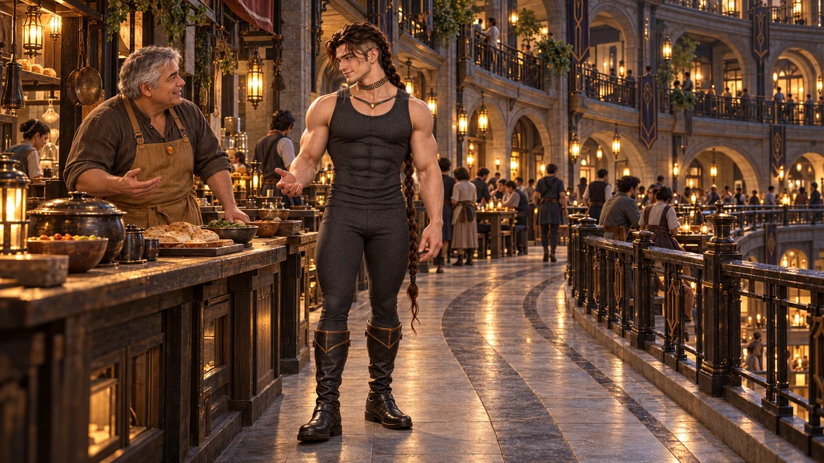 Saevren pauses to talk at a food stall in the inhabited evening arcade.
