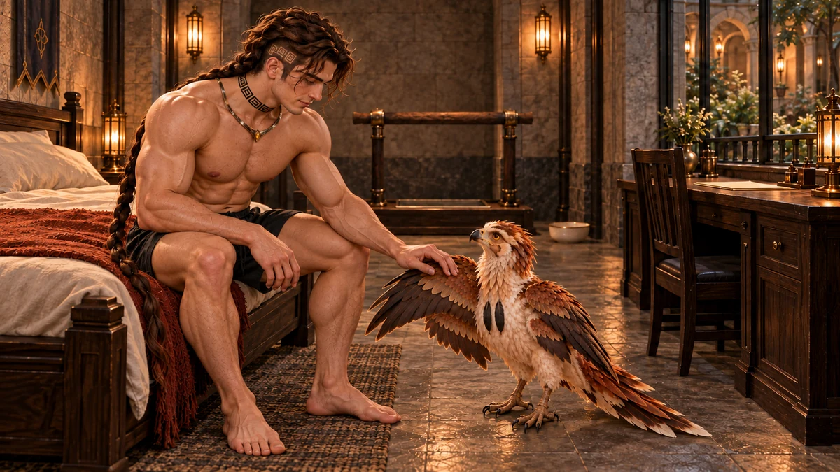 Seated beside the bed, Saevren gently checks and smooths Thoden’s feathers.