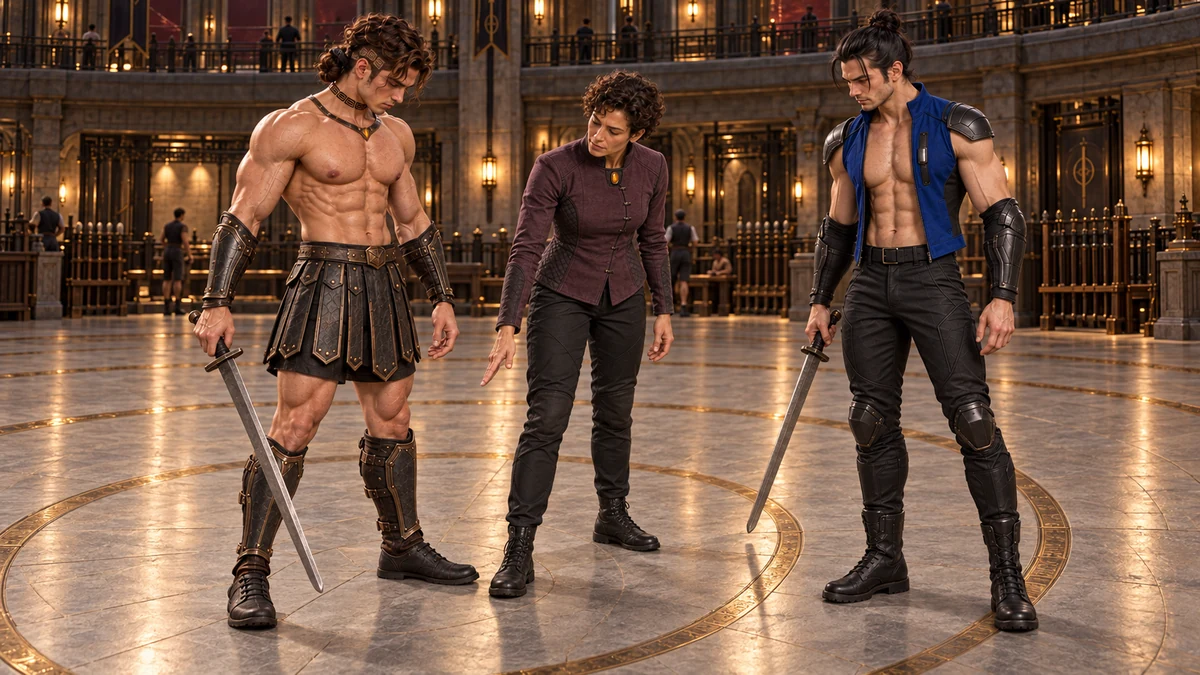 Veysha points out Saevren’s footing after a late turn; both men keep their swords lowered.