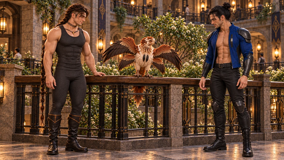Thoden spreads four wings on the courtyard rail while Søren waits at a respectful distance.