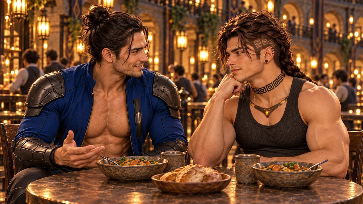 Five black obsidian pieces are visible on Saevren’s left ear as he listens to Søren across the table.
