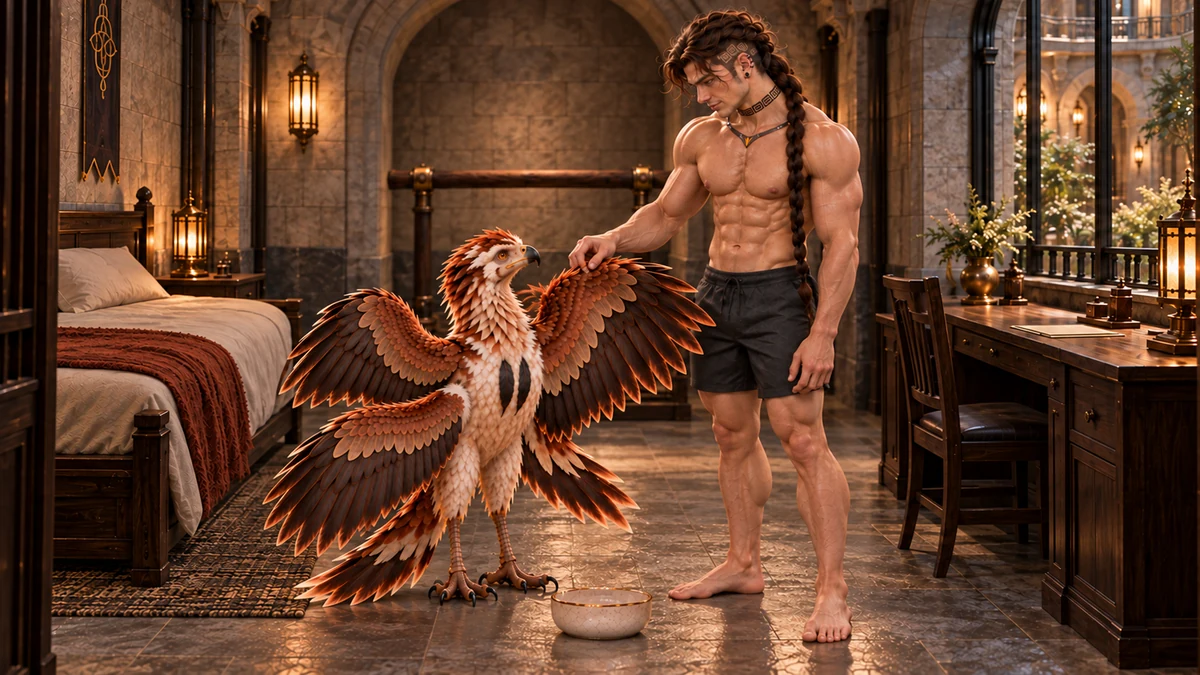 Saevren checks the coverts of Thoden’s raised wing, revealing his larger juvenile proportions.