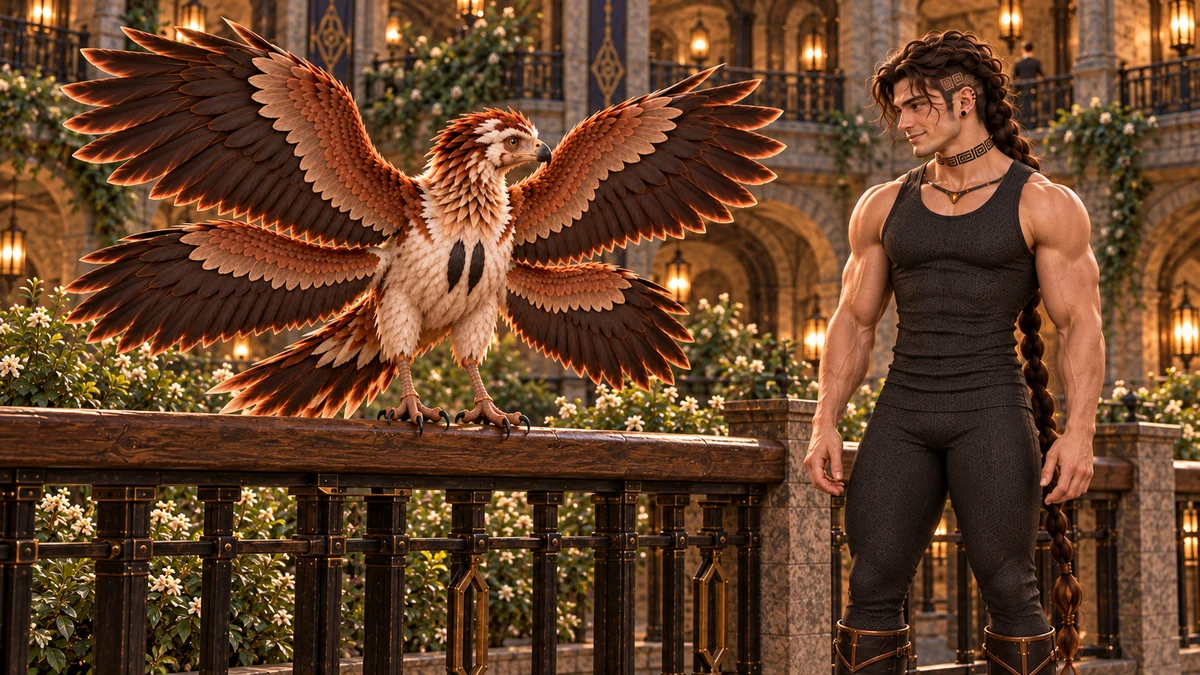 Thoden lands on the courtyard rail with four wings open as Saevren watches from the side.
