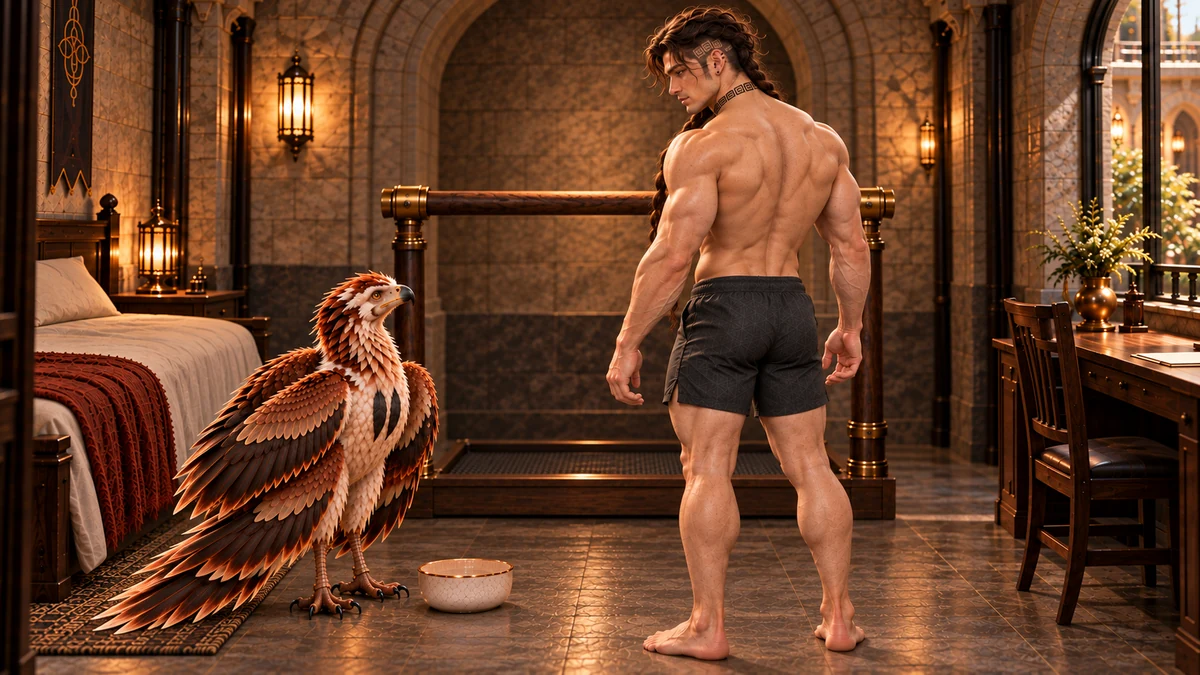 A rear three-quarter view shows Saevren’s developed shoulders and defined back as he turns towards Thoden.
