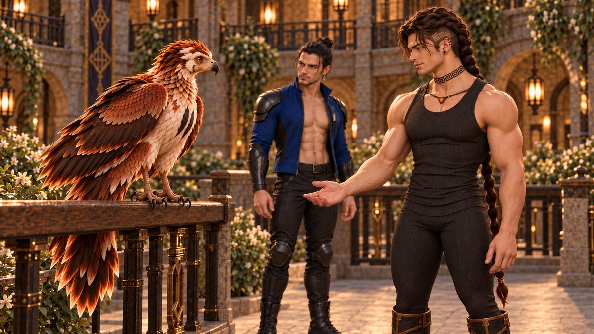 Saevren offers an open hand to Thoden, who remains on the courtyard rail and looks at him.