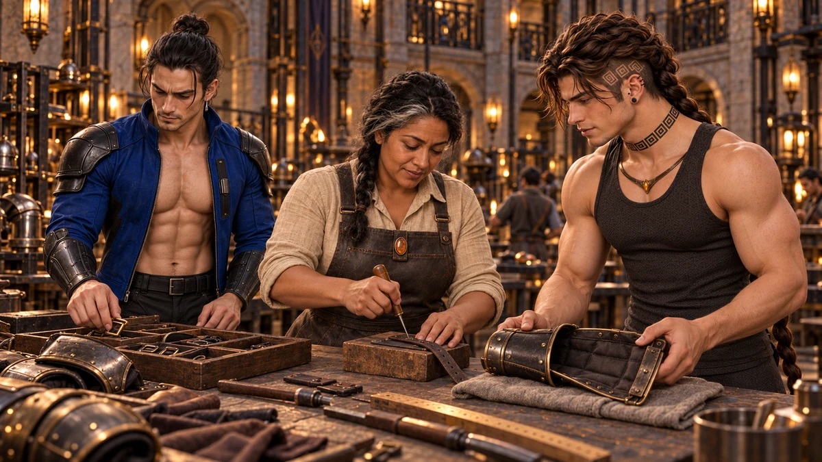 Nesra repairs a strap as Saevren holds a bracer and Søren sorts small fittings.
