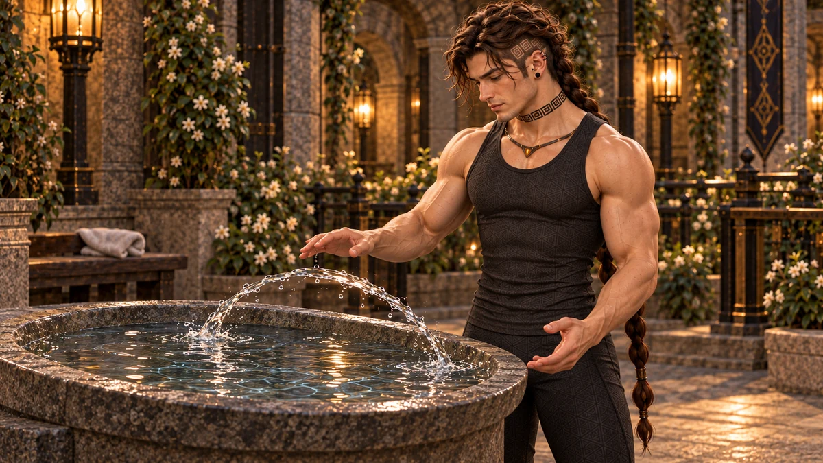 Saevren guides a small connected arc of water back into the same stone basin.
