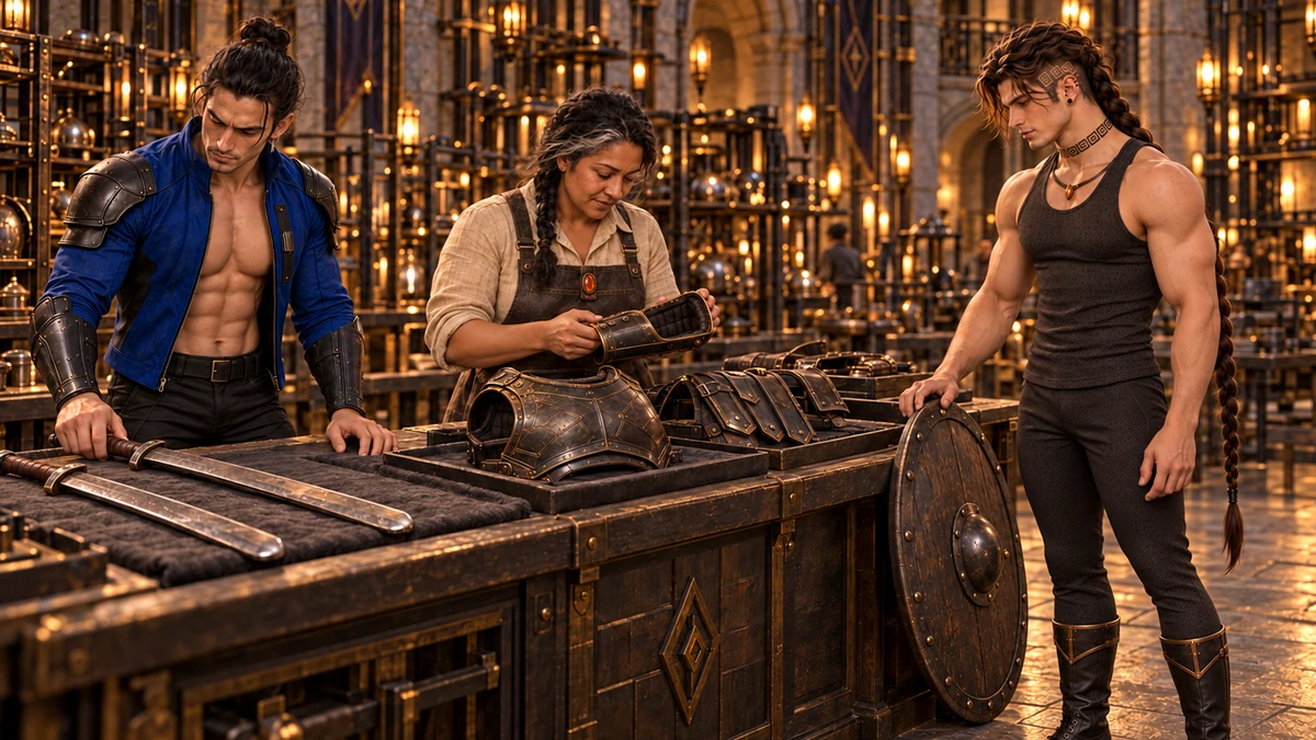 Saevren and Søren return their borrowed swords, shield and armour to Nesra.