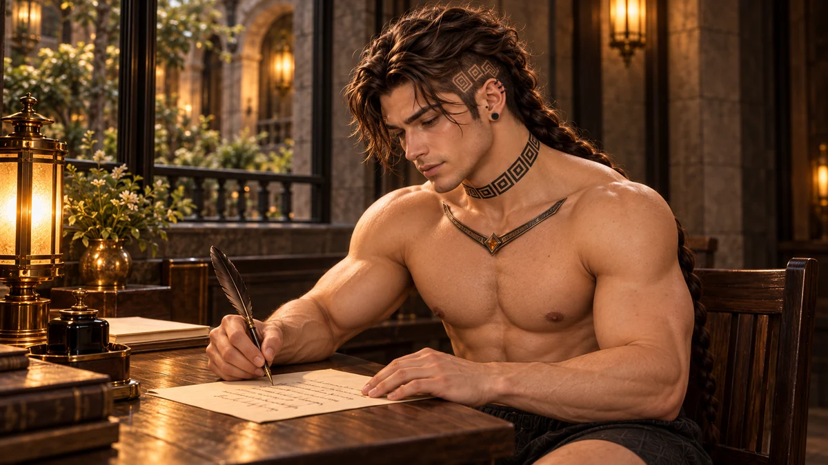 Saevren writes a new letter at his desk, holding the sheet steady with his left hand.