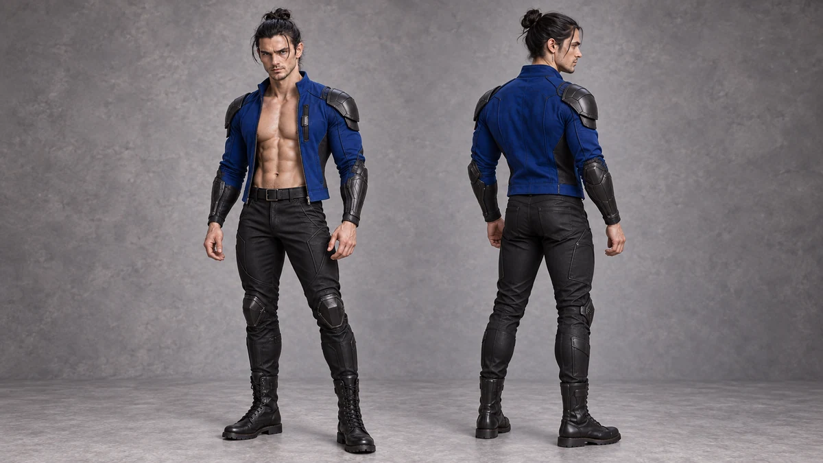 Cobalt between the courts: Søren’s open, long-sleeved jacket, dark trousers and compact modern protections leave his chest and abdomen visible. His hair is gathered high, and a silver earring marks the left side.