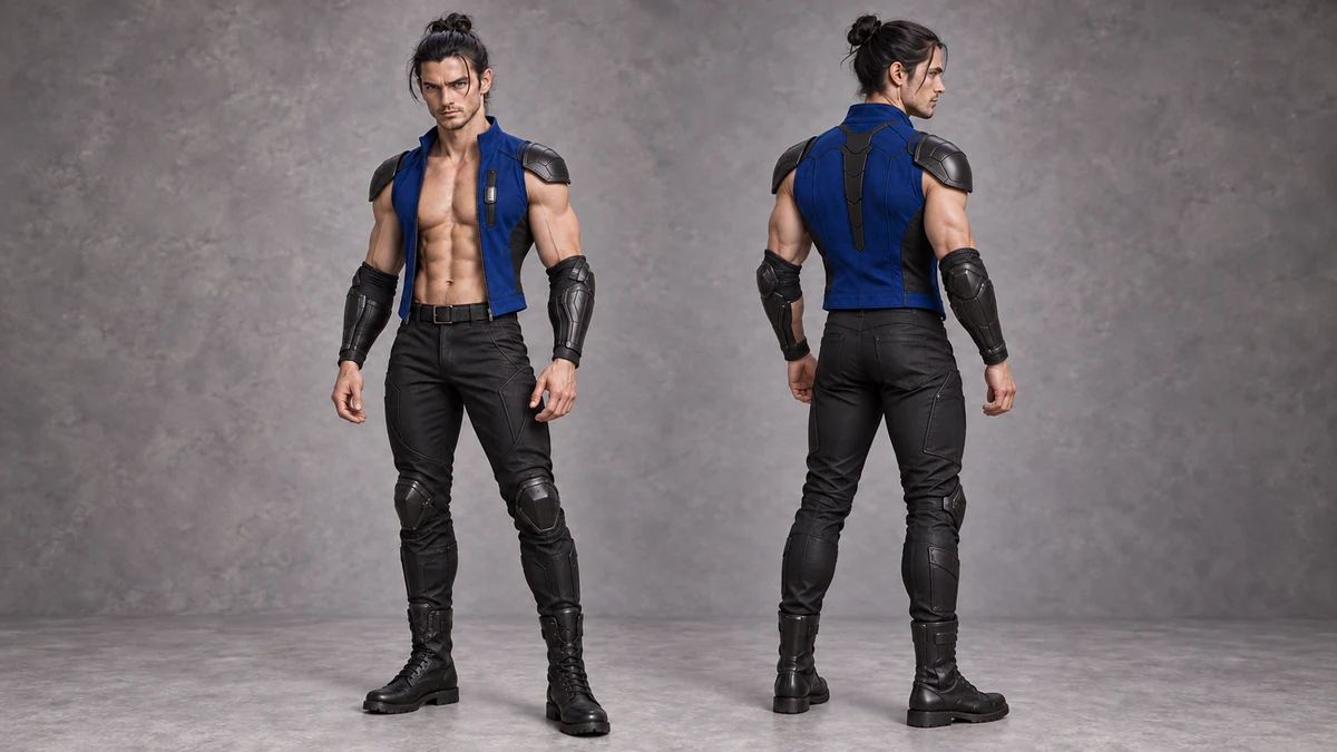 For focused practice, Søren wears an open sleeveless cobalt vest with compact shoulder, elbow and forearm protection, reinforced legs and a supported back. The earring is removed for these sessions; the small insert remains at the left front.