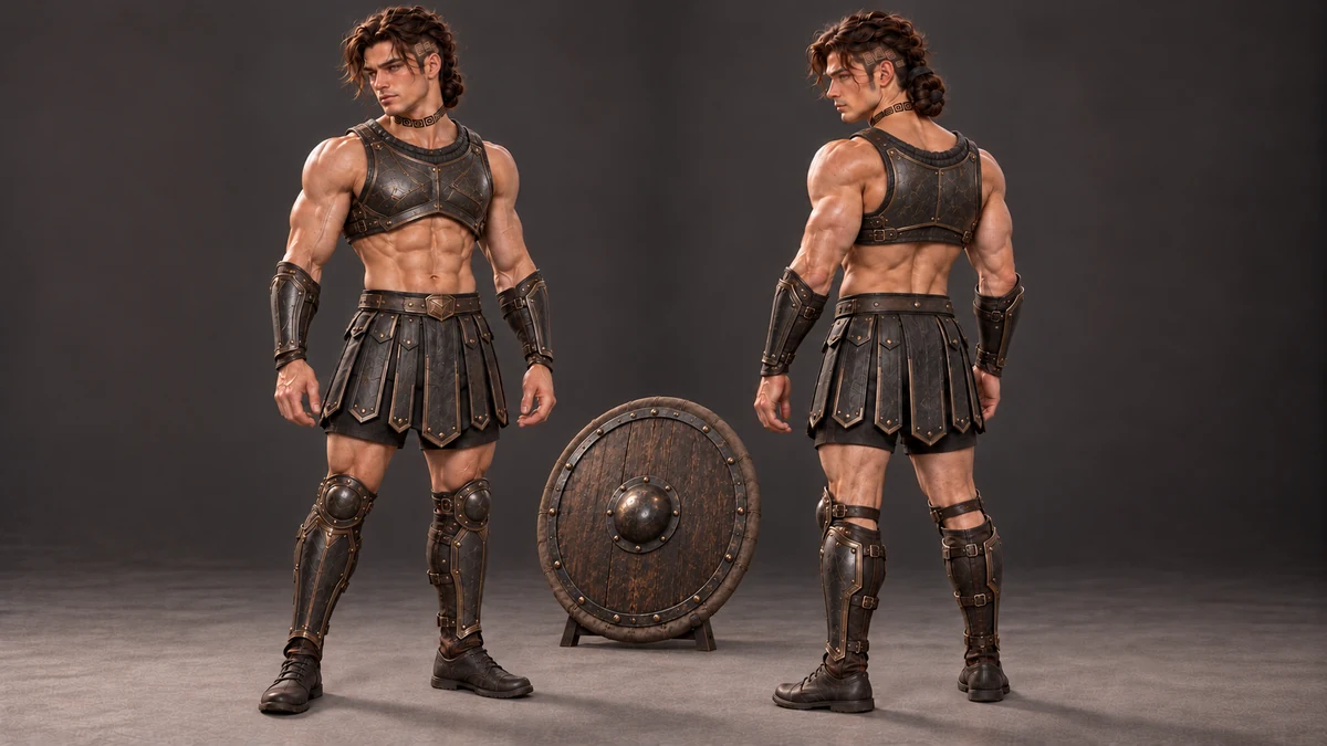 Borrowed armour adds a short cuirass and further protection to the same working base. Saevren’s shoulders remain free, and the Ward rests beneath the front padding. This early fitting study accompanies the later lessons on moving with additional weight.