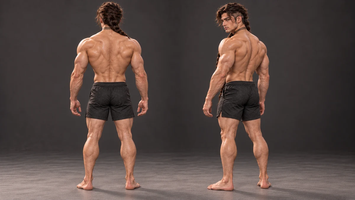 A posterior study of the strength that becomes visible later in Saevren’s stay: fuller shoulders, a defined upper back and a broad taper towards a narrow waist. These proportions accompany the later scenes without replacing his earlier appearance.