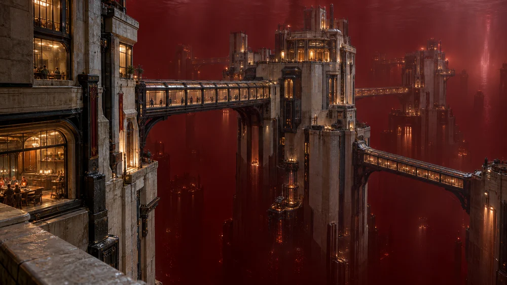 Pale redoubts and enclosed bridges rising through dense red liquid bromine